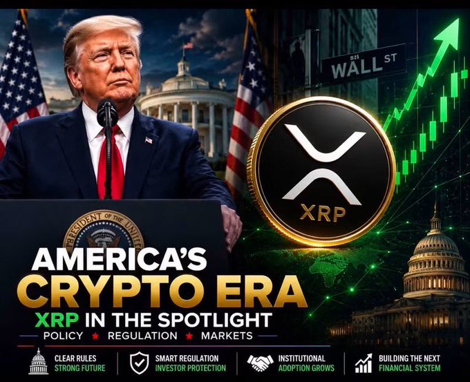 The image features Donald Trump speaking at a podium beside American flags and the U.S. Capitol, with an XRP coin prominently displayed alongside a "Wall St" sign and an upward-trending green candlestick chart. Bold text reads "AMERICA'S CRYPTO ERA — XRP IN THE SPOTLIGHT," with supporting labels highlighting "Policy ★ Regulation ★ Markets," "Clear Rules, Strong Future," "Smart Regulation, Investor Protection," "Institutional Adoption Grows," and "Building the Next Financial System." Together, the visual reinforces the post's message that U.S. regulatory clarity and institutional engagement—not short-term price swings—are the key forces shaping XRP's role in America's evolving crypto landscape.