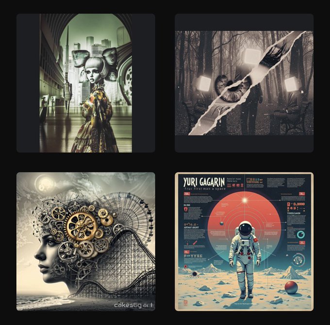 The image displays a 2x2 grid of four distinct artworks: top-left features a figure in Victorian attire within a surreal green-hued urban setting ("The future is in the dazzling light of the past #15" by risugawa); top-right shows a shadowy figure in a forest with a torn paper effect revealing an eye ("The Forest of Forgetfulness" by saeid68s); bottom-left depicts a woman's profile with gears and a Ferris wheel merging into her head ("Gilded Momentum" by Cakes6G); and bottom-right presents an infographic-style illustration of an astronaut on a lunar surface with text including "YURI GAGARIN" and "10,000" ("Dana Scully's Secret Notebook, page 786").
