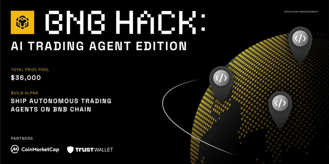 The image presents a poster for a competition named "BNB Hack" which is focused on developing trading agents using artificial intelligence (AI). It also features an image of a globe with some pins, highlighting the location or theme related to this competition. The text in the image clearly indicates that the event has attracted significant interest and emphasizes its importance by stating it's starting soon!