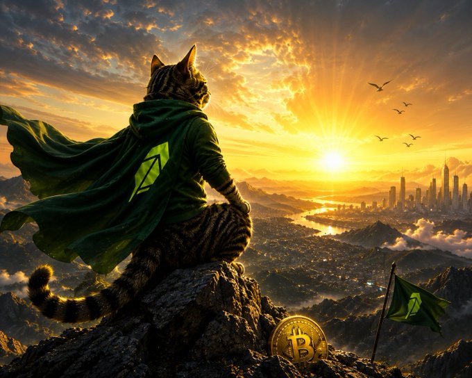 A digital illustration of a cat wearing a green cape featuring a logo, sitting on a rocky peak overlooking a futuristic city at sunset, accompanied by a gold Bitcoin and a green flag.
