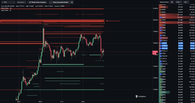 A 15-minute BTC/USD chart from Coinbase showing Bitcoin trading around $77,368 with a prominent cluster of massive sell orders (dark red bands) stacked at the $80,000 level, illustrating the "sell wall" referenced in the caption where someone has placed enormous limit orders to prevent price from breaking above $80K.