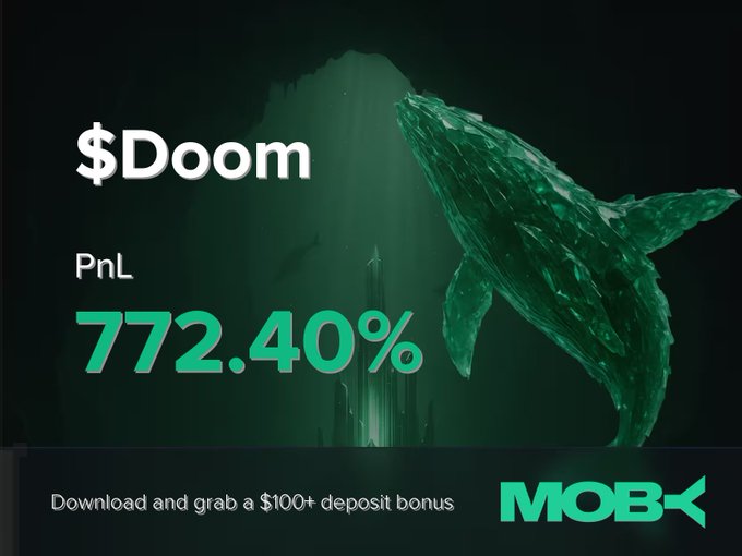 A Moby Mobile win alert graphic displays a trader closing a $Doom position with a +772.40% PnL, featuring a stylized green whale in a dark underwater scene alongside the "MOBY" logo and a "$100+ deposit bonus" promotion.