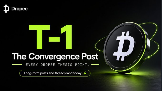 The image features a black background with a white Bitcoin symbol at the center. The text "T-1" is written above the Bitcoin symbol, and below it, there's a description of the Convergence Post. The post emphasizes that every dropee project has the potential for growth and success on Telegram, as it already changed the game for TON by providing massive reach, frictionless onboarding, almost free messaging services, and a focus on what is in the image and how it relates to the post.