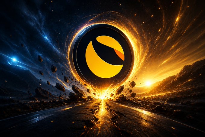 A dramatic digital artwork featuring a glowing orange crescent-shaped logo at the center, surrounded by swirling cosmic energy, floating asteroids, and a fiery celestial background with a blue nebula.