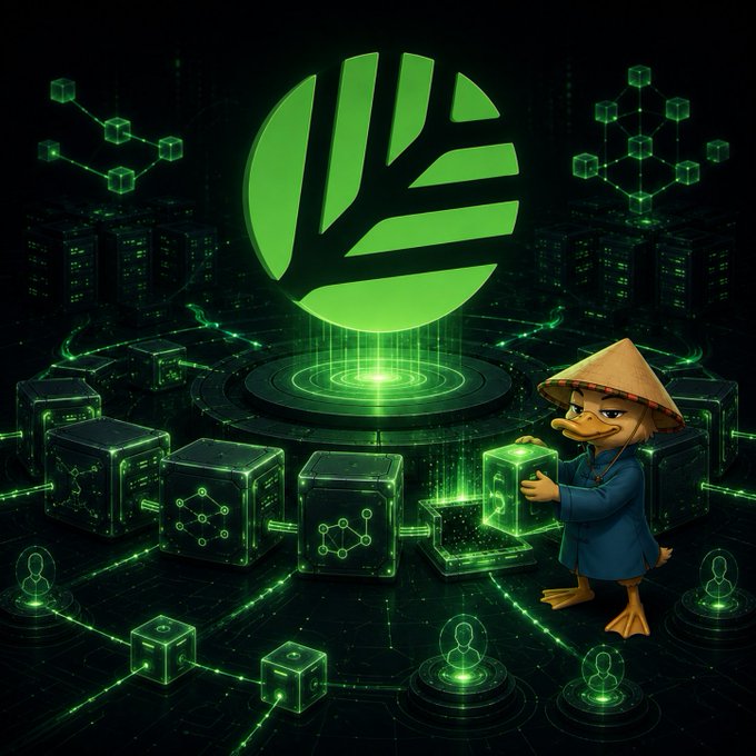A promotional graphic featuring a green glowing circular logo with stylized stripes, set against a dark blockchain-themed background with networked cubes and a cartoon duck character wearing a conical hat and holding a glowing green block.