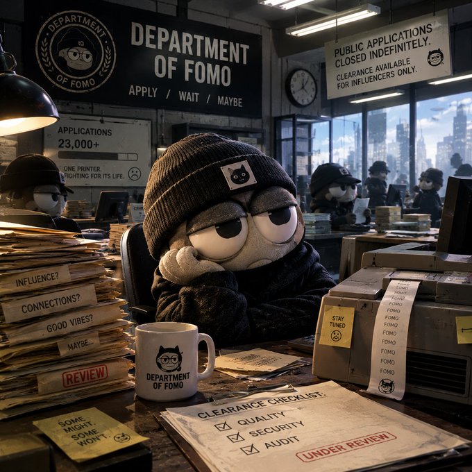 A detailed digital illustration depicts a plush-like character wearing a beanie and glasses sitting at a cluttered desk in a retro office, with signs reading 'DEPARTMENT OF FOMO' and 'PUBLIC APPLICATIONS CLOSED INDEFINITELY. CLEARANCE AVAILABLE FOR INFLUENCERS ONLY.'