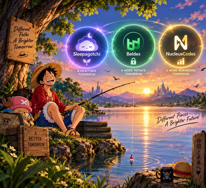 An anime-style illustration showing a character fishing by a lake at sunset, with three logos displayed: Sleepagotchi, Beldex, and NucleusCodes, along with the tagline 'Different Paths, A Brighter Tomorrow.'