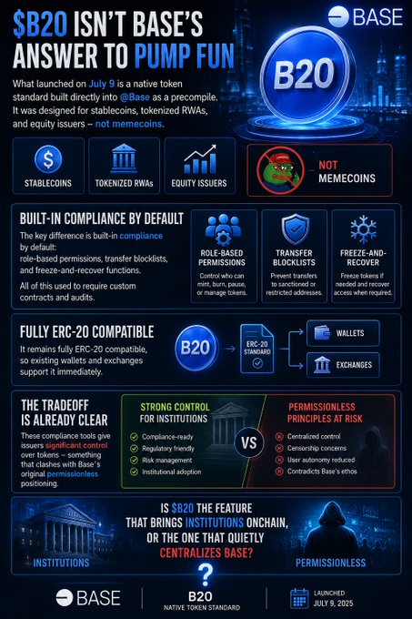 The image is an infographic by Base titled "$B20 ISN'T BASE'S ANSWER TO PUMP FUN," explaining that B20 is a native token standard launched on July 9, 2025, designed for stablecoins, tokenized RWAs, and equity issuers—not memecoins—with built-in compliance features like role-based permissions, transfer blocklists, and freeze-and-recover functions, contrasting its regulated, institution-friendly approach against the permissionless risks of token launches.