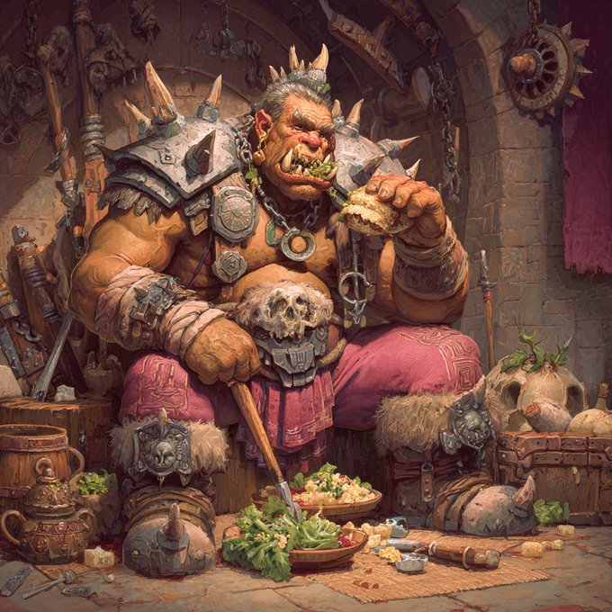 A digital fantasy illustration of a muscular, tusked orc wearing spiked armor and pink pants, sitting and eating from a bowl of greens in a stone room adorned with skulls and weapons.