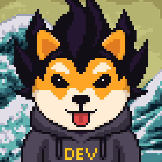 Pixel art illustration of a smiling dog character with black, orange, and white fur wearing a black hoodie with 'DEV' written in yellow text on the front.