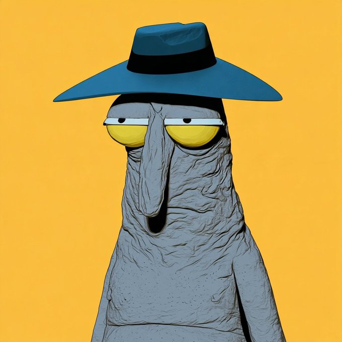 A surreal grey humanoid character with a long face and half-lidded yellow eyes, wearing a wide-brimmed blue hat against an orange background.