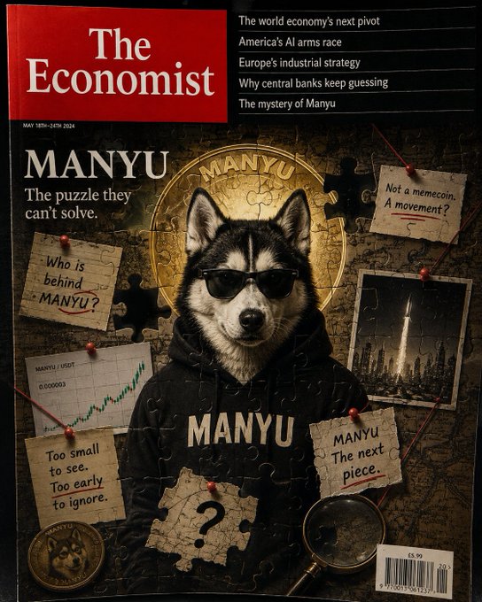 The cover of The Economist (May 18-24, 2024) titled 'Manyu: The puzzle they can't solve,' featuring a husky wearing sunglasses and a 'MANYU' hoodie, surrounded by cryptic clues like 'Not a memecoin. A movement?' and 'Who is behind MANYU?' along with other article headlines.