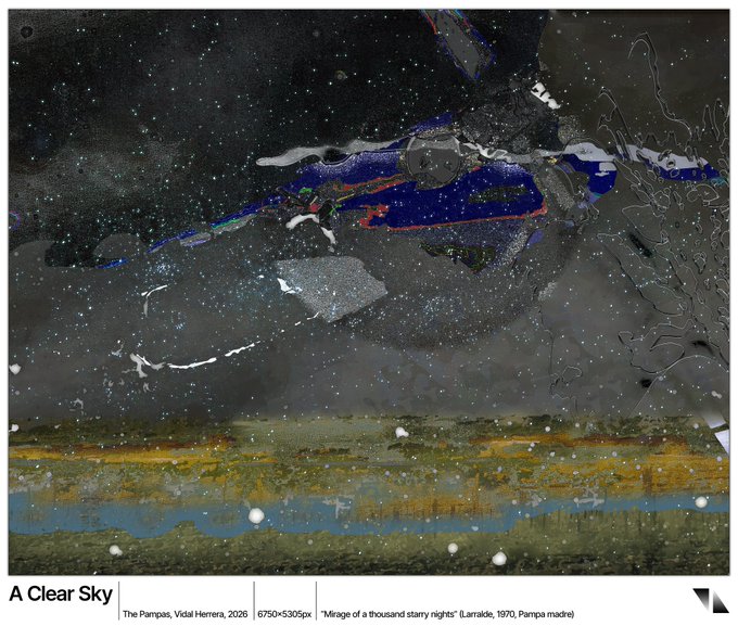 An artwork titled 'A Clear Sky' by The Pampas, Vidal Herrera, 2026, displayed at 6750×5305px, referencing 'Mirage of a thousand starry nights' (Larrañde, 1970, Pampa madre).