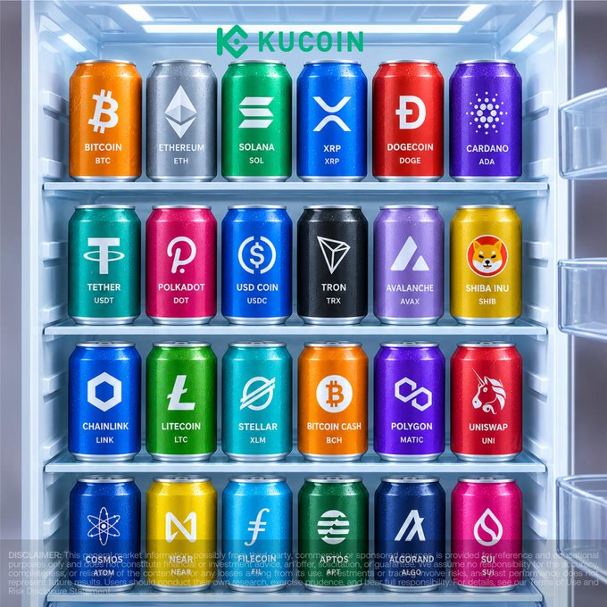 A KuCoin-branded refrigerator displays colorful cans shaped and labeled like cryptocurrencies, including Bitcoin (BTC), Ethereum (ETH), Solana (SOL), XRP (XRP), Dogecoin (DOGE), Cardano (ADA), Tether (USDT), Polkadot (DOT), USD Coin (USDC), Tron (TRX), Avalanche (AVAX), Shiba Inu (SHIB), Chainlink (LINK), Litecoin (LTC), Stellar (XLM), Bitcoin Cash (BCH), Polygon (MATIC), and Uniswap (UNI). The “full menu of crypto” visual turns the post’s snack theme into a playful promotion for KuCoin’s “FoodForYourThought” campaign and 5,000 USDT giveaway.