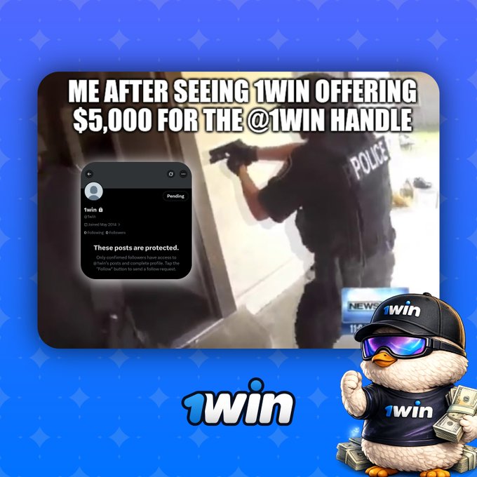 A meme showing a police officer pointing a gun with text 'ME AFTER SEEING 1WIN OFFERING $5,000 FOR THE @1WIN HANDLE', featuring a 1win Twitter handle profile and the 1win penguin mascot wearing sunglasses.