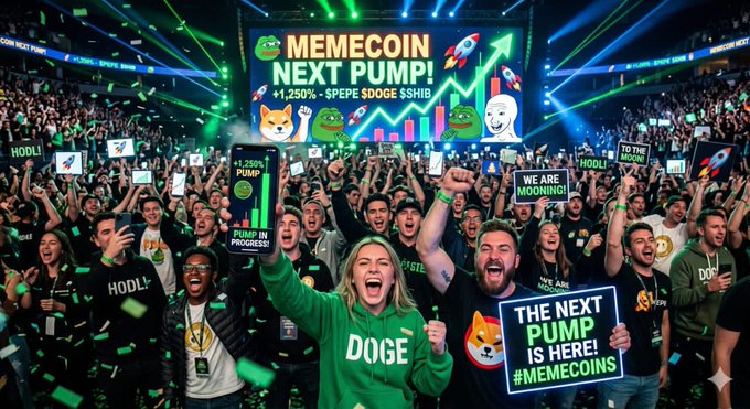 A crowded arena scene depicts excited meme coin enthusiasts at a 'MEMECOIN NEXT PUMP!' event, with signs showing '+1.250% PUMP', 'WE ARE MOONING!', and 'THE NEXT PUMP IS HERE! #MEMECOINS' alongside Pepe and Doge imagery.