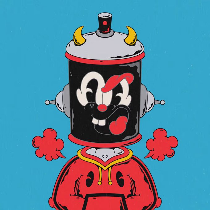 A cartoon illustration of a spray paint can character with Mickey Mouse-like features, yellow horns, and a red hoodie, set against a bright blue background.