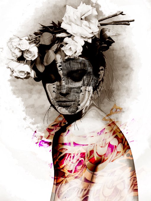 A digital mixed-media portrait of a figure wearing an ornate floral headdress with white roses, featuring a stitched fabric face and vibrant pink and red graphic patterns on the body.