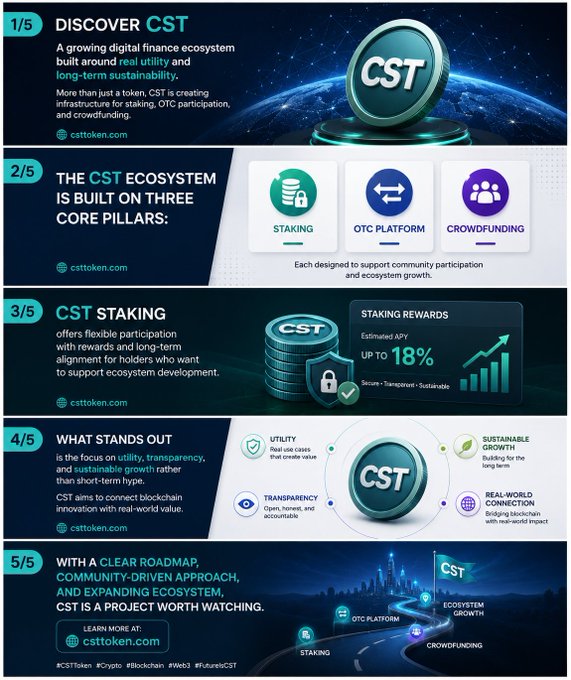 The image features a screenshot of an informational poster about Cryptocurrency Trading (CST). The poster has four different sections that explain various aspects of the cryptocurrency trading system, such as the STaking system, how to stake in CST, what benefits can be gained from it, and how to access the resources for trading. Each section provides clear explanations with accompanying images or icons to help illustrate the concepts.