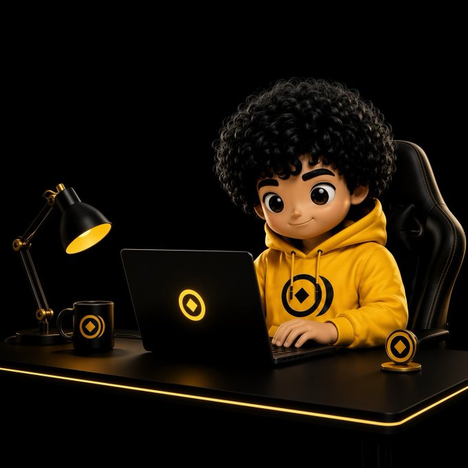 A 3D animated-style character with curly hair wearing a yellow hoodie works on a laptop displaying a diamond logo, accompanied by a black desk lamp and matching mug.