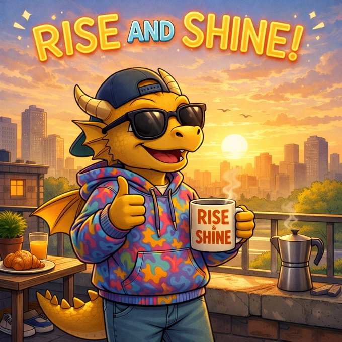 A cheerful yellow dragon wearing sunglasses, a cap, and a colorful hoodie gives a thumbs-up while holding a steaming mug on a sunny rooftop. The text reads “RISE AND SHINE!” and “RISE & SHINE,” reinforcing the post’s upbeat message of continued commitment, contribution, and support on Day 158.
