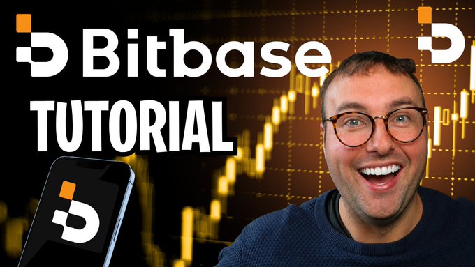 Thumbnail for a video tutorial titled "Bitbase TUTORIAL" featuring a smiling man with glasses, set against a background of a stock chart and a smartphone displaying the Bitbase logo.