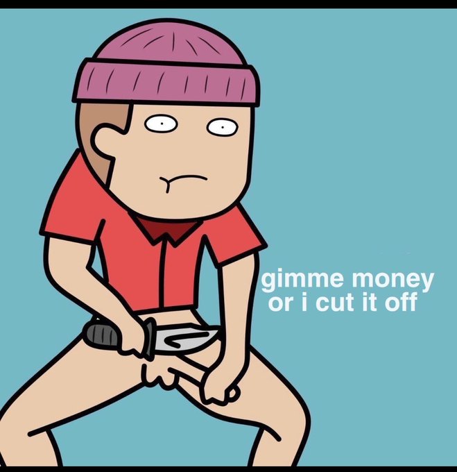 Identical meme illustration to a previous image, showing a cartoon character in a red shirt and pink beanie holding scissors with the text "gimme money or i cut it off".