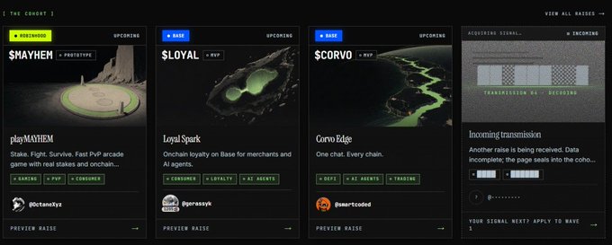 The image displays a dark-themed dashboard interface titled "THE COURT" with four panels showing upcoming crypto projects: $MAYHEM (a PvP arcade game), $LOYAL (an AI agent loyalty tool on Base), $CORVO (a messaging app), and a transmission panel showing an incoming signal about a new platform. The dashboard appears to be a curated launchpad for meme coins and crypto projects, with the transmission panel introducing Vibestarter (@vibestarterxyz), the crowdfunding platform for solo founders mentioned in the post.