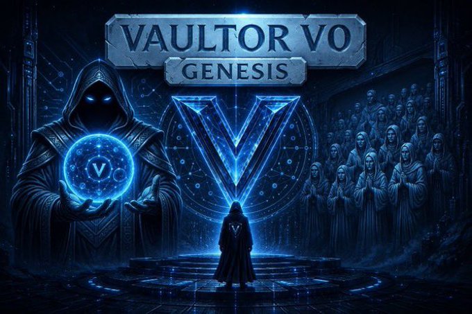 A fantasy-style promotional image titled 'VAULTOR VO GENESIS' featuring a hooded figure holding a glowing blue orb with a 'V' symbol, surrounded by mystical elements and a crowd of robed figures.