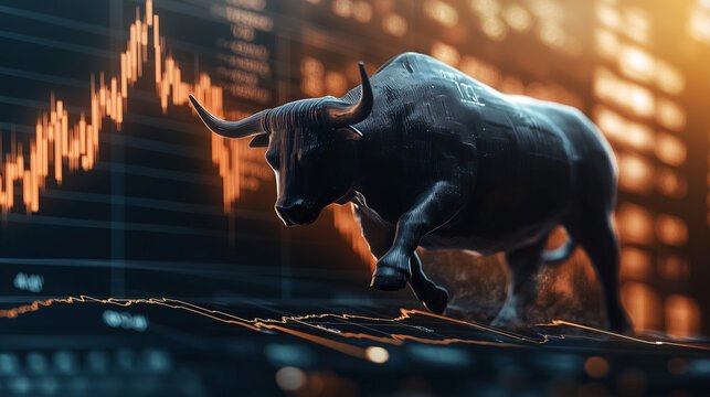 A digital illustration of a bull charging forward against a backdrop of stock market trading charts with candlestick patterns in orange and black.