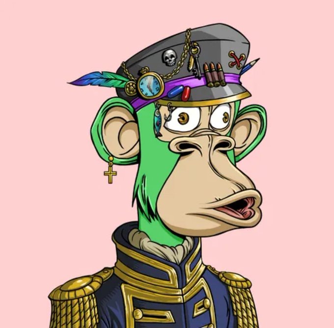 A cartoon illustration of a green monkey wearing a decorative military-style hat with feathers and a skull, dressed in a blue and gold uniform against a pink background.