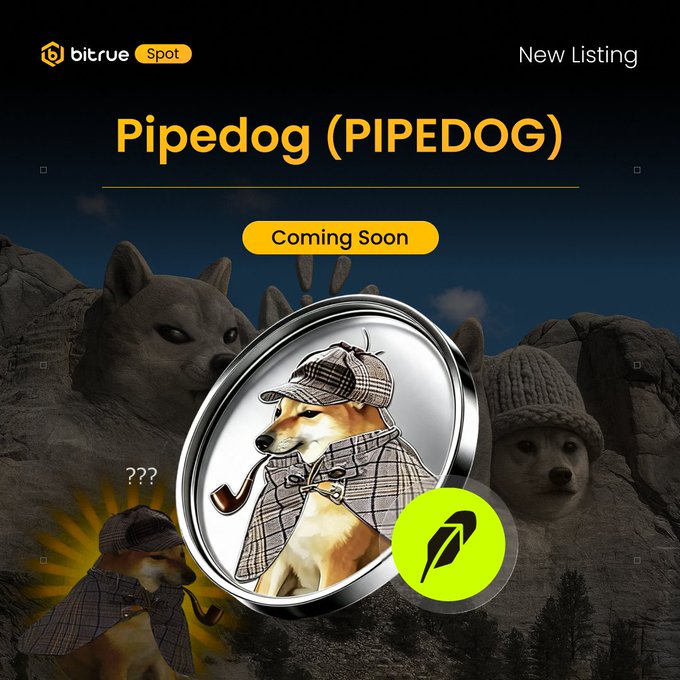 Bitrue announces the upcoming Spot listing of Pipedog ($PIPEDOG) with $PIPEDOG/USDT trading set to launch August 7 at 3:00 UTC, featuring detective-themed Shiba Inu artwork and Bitrue's "Coming Soon" tag alongside the deposit instructions for the Robinhood Chain.