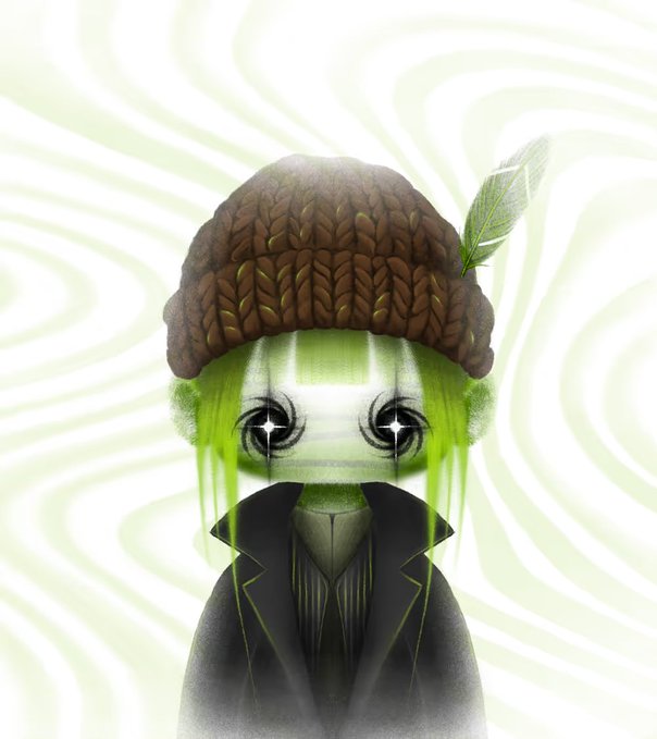 An anime-style digital illustration of a character with green hair, a knitted brown beanie with a feather, and star-shaped eyes, wearing a black coat against a swirled green background.