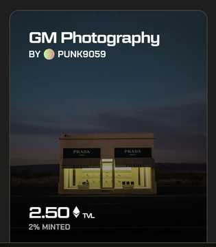 An NFT card titled "GM Photography by Punk9059" priced at 2.50 TVL with only 2% minted, showing a Prada storefront at dusk, which relates to the post about the creator's limited collection sales and concerns over withdrawing funds from the Blast marketplace before it shuts down.