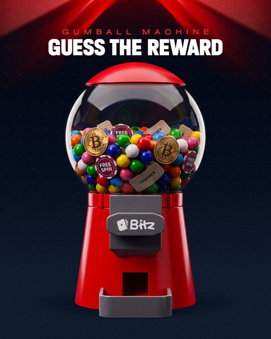 A 'Gumball Machine - Guess the Reward' promotional graphic for Bitz, showing colorful gumballs with Bitcoin coins, 'Free Spin' tokens, and 'Voucher' tokens inside a red gumball machine.