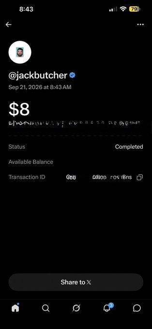 A screenshot of a social media post from @jackbutcher showing an $8 transaction with a status of Completed and a transaction ID beginning with 0x9b.