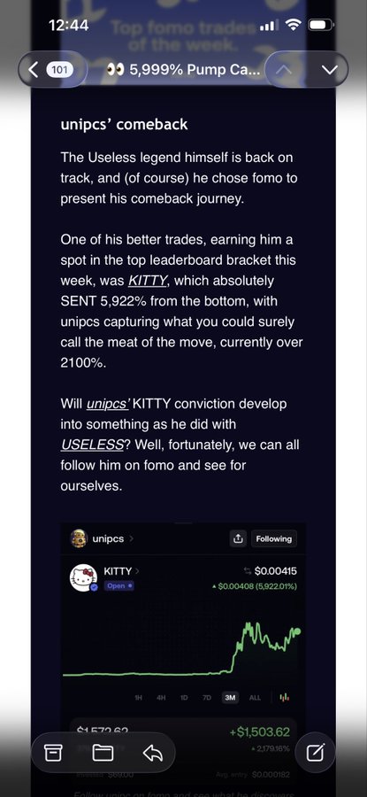 The image shows a mobile screenshot from a crypto trading platform featuring a post titled "unipcs' comeback" that highlights a trader called "unipcs" (referenced as "Bonk Guy") and his successful trade on the $KITTY token, which gained over 5,900% in a day. The accompanying post notes that KITTY was unipcs' best trade after being sent the token by @memekingdom, directly supporting the screenshot's celebration of his top leaderboard performance.