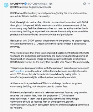 A tweet from DYORSWAP (@DYORSWAPDEX) discussing community building principles around the ArchIeths project, addressing ownership transfer and leadership accountability.