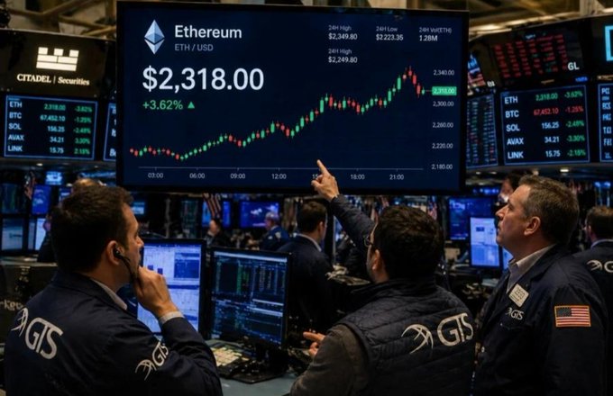 This image shows traders looking at a screen displaying the Ethereum (ETH/USD) price at $2,318.00, which is up 3.62%. The display suggests institutional interest in accumulating ETH, as highlighted by the accompanying post.