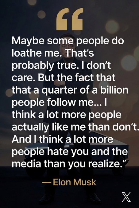 A quote graphic attributed to Elon Musk from platform X, discussing people's opinions of him and his social media following.