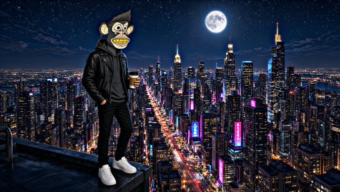 A digital artwork of a figure in black clothing holding a coffee cup, featuring a Bored Ape Yacht Club-style monkey head, standing on a rooftop overlooking a vibrant nighttime city skyline with a full moon.