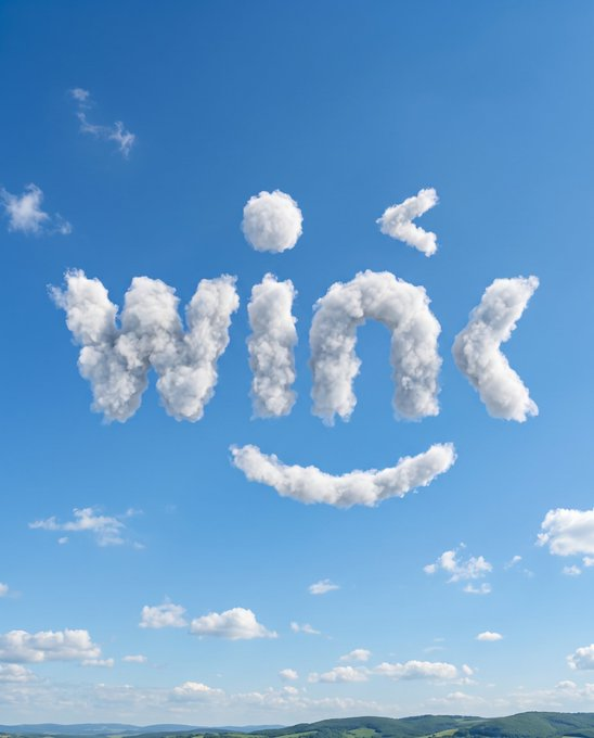The word "WINK" is spelled out in fluffy white clouds against a bright blue sky, with a smiley face formed by clouds below the text. The image visually reinforces the post by creatively branding the project name "WINkLink" in the clouds, symbolizing how the platform connects and elevates blockchain technology toward a brighter, more interconnected future.