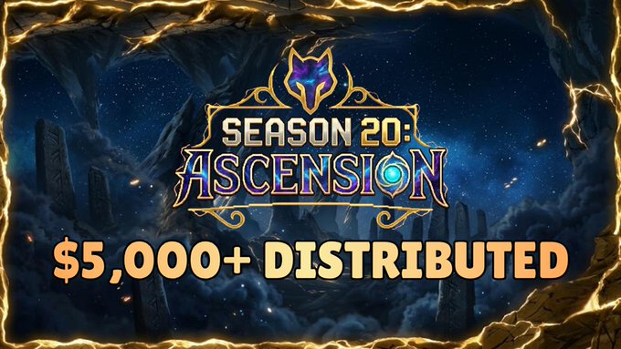 Promotional banner for "Season 20: Ascension" featuring a fantasy landscape with a cosmic background and ornate gold trim, announcing "$5,000+ DISTRIBUTED" in bold orange text, corresponding to the airdrop rewards mentioned in the post.
