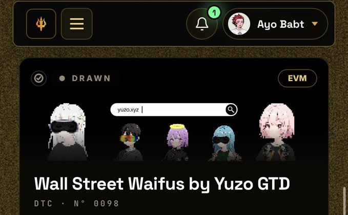 An NFT marketplace interface for "Wall Street Waifus by Yuzo GTD" with five pixel-art character images and the text "yuzo.xyz" typed in the search bar.