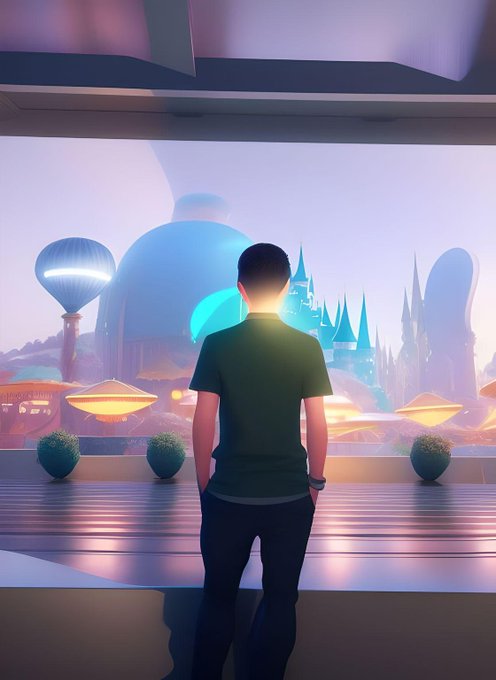 A man stands with his back to the viewer, gazing out a large window at a futuristic, glowing cityscape with vibrant spires and floating structures.