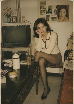 A vintage-style photo of a woman with short dark hair sitting on a small stool in a dimly lit room with an old television set and a coffee table.