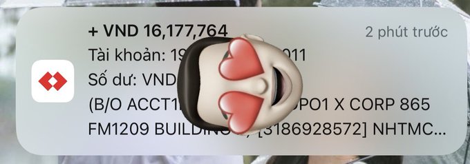 A banking notification shows a credit of “+ VND 16,177,764,” with account details partially obscured, reinforcing the post’s message that money has returned and expressing hope for more rewards to come.