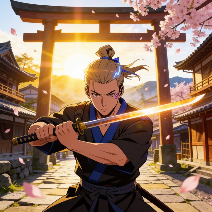 An anime-style samurai with a topknot, purple face markings, and a dark kimono draws his glowing katana in front of a wooden torii gate, cherry blossoms, and a sunset over a traditional Japanese village.