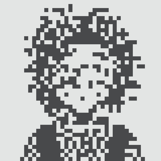 A black-and-white pixel art portrait of a man's face in a suit and tie on a white background.