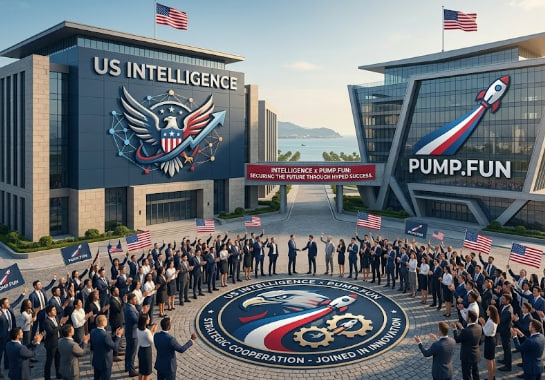 A satirical AI-generated image showing a large crowd gathered between two buildings labeled "US INTELLIGENCE" and "PUMP.FUN," with a central emblem and a banner reading "INTELLIGENCE PUMP FUN WELCOME THE FUTURE THROUGH MINDED SUCCESS."